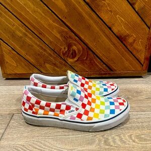 Rainbow checkered vans slip ons, size 8